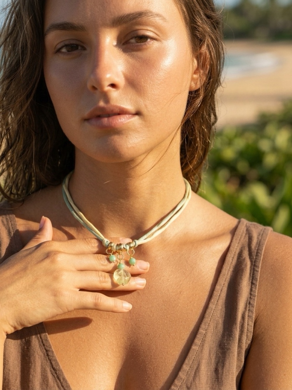 Gold and Green Silk Multi-Strand Pendant Necklace - Women Jewelry